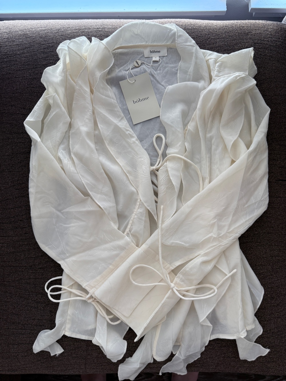 bohme ivory sheer ruffle tie-front robe